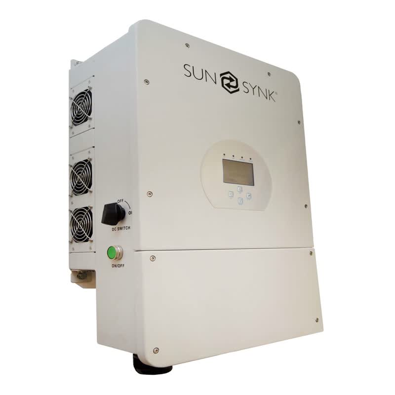 A Sunsynk MAX 16kW hybrid inverter, three quarter view.